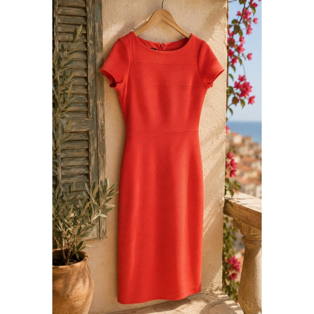Coral Red Sheath Dress Structured Stretch Work Office Wedding Guest Size S